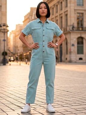 Listicle Jumpsuit size Medium Mint Green Denim Jumpsuit Romper Playsuit Denim